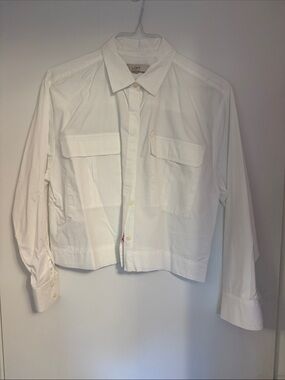 LOFT White Cropped Button-Down Shirt with Front Pockets